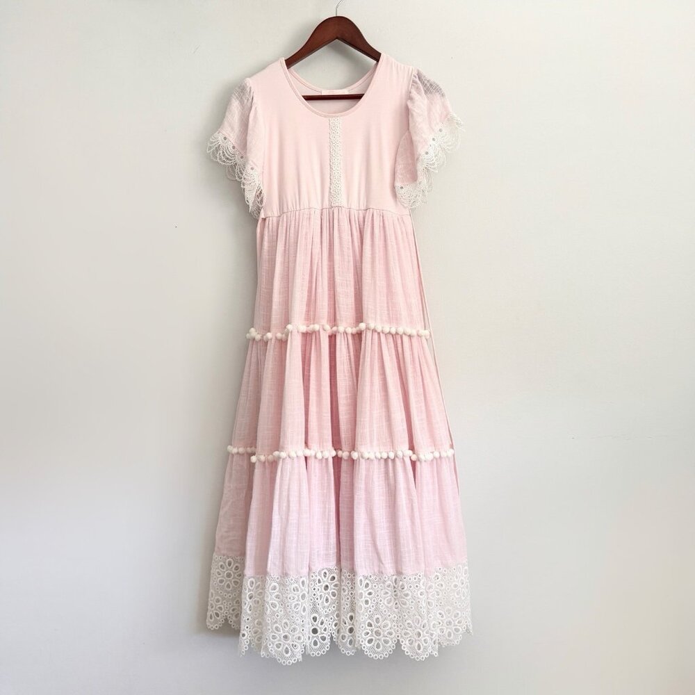 Dollcake Pink Short Sleeve Eyelet Lace Tiered Maxi Dress Girl’s Size 10